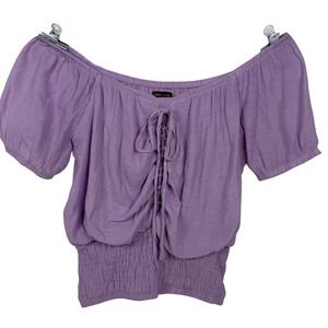 Audrey Lane Peasant Blouse Women 1X Purple Boho Lace Up Smocked Off Shoulder Top